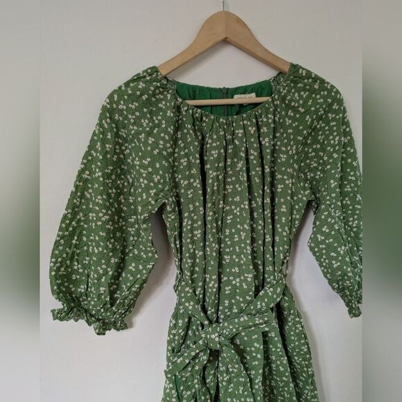 Roolee Green Floral Stop and Smell The Flowers Belted Puff Sleeve Dress S Small - Picture 3 of 7